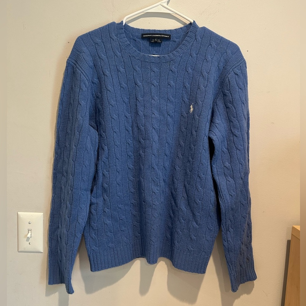 100% Lambs Wool Ralph Lauren Blue Cable Knit Sweater - Women’s Large